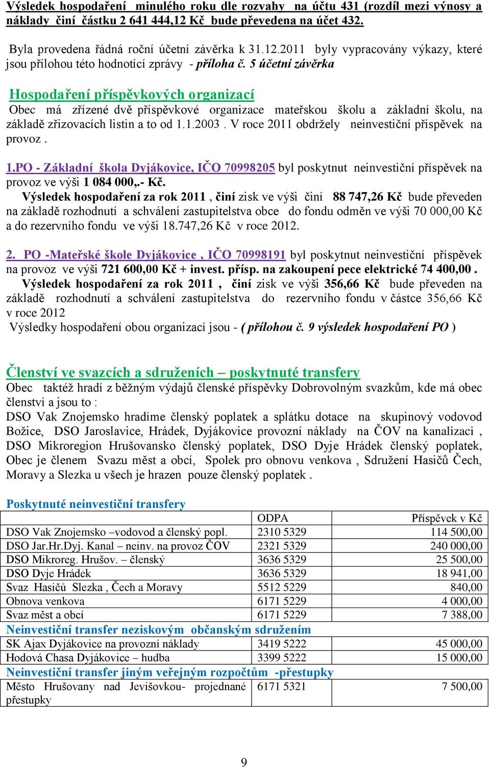 V roce 2011 obdržely neinvestiční příspěvek na provoz. 1.PO - Základní škola Dyjákovice, IČO 70998205 byl poskytnut neinvestiční příspěvek na provoz ve výši 1 084 000,.- Kč.