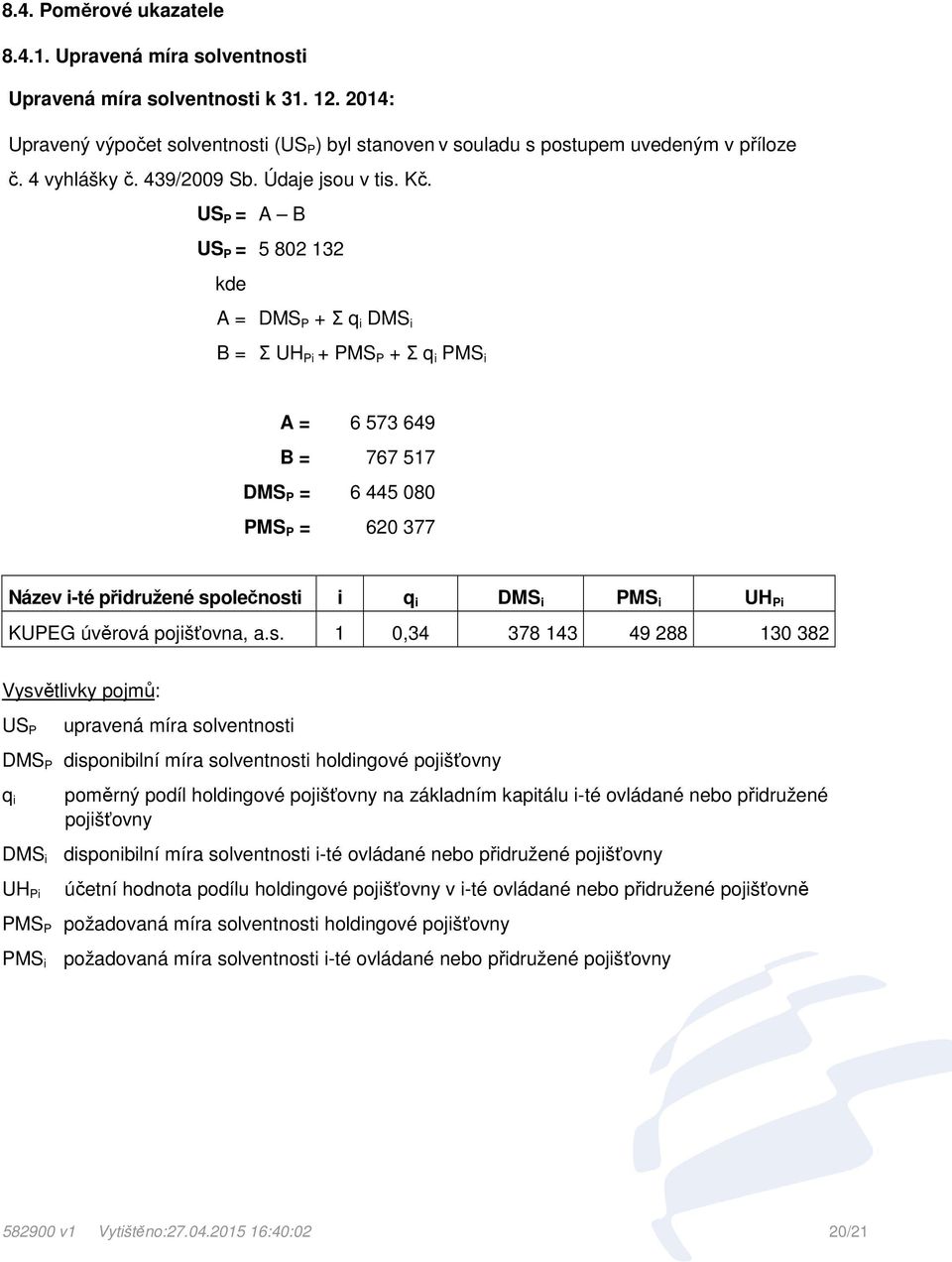 US P = A B US P = 5 802 132 kde A = DMS P + Σ q i DMS i B = Σ UH Pi + PMS P + Σ q i PMS i A = 6 573 649 B = 767 517 DMS P = 6 445 080 PMS P = 620 377 Název i-té přidružené společnosti i q i DMS i PMS