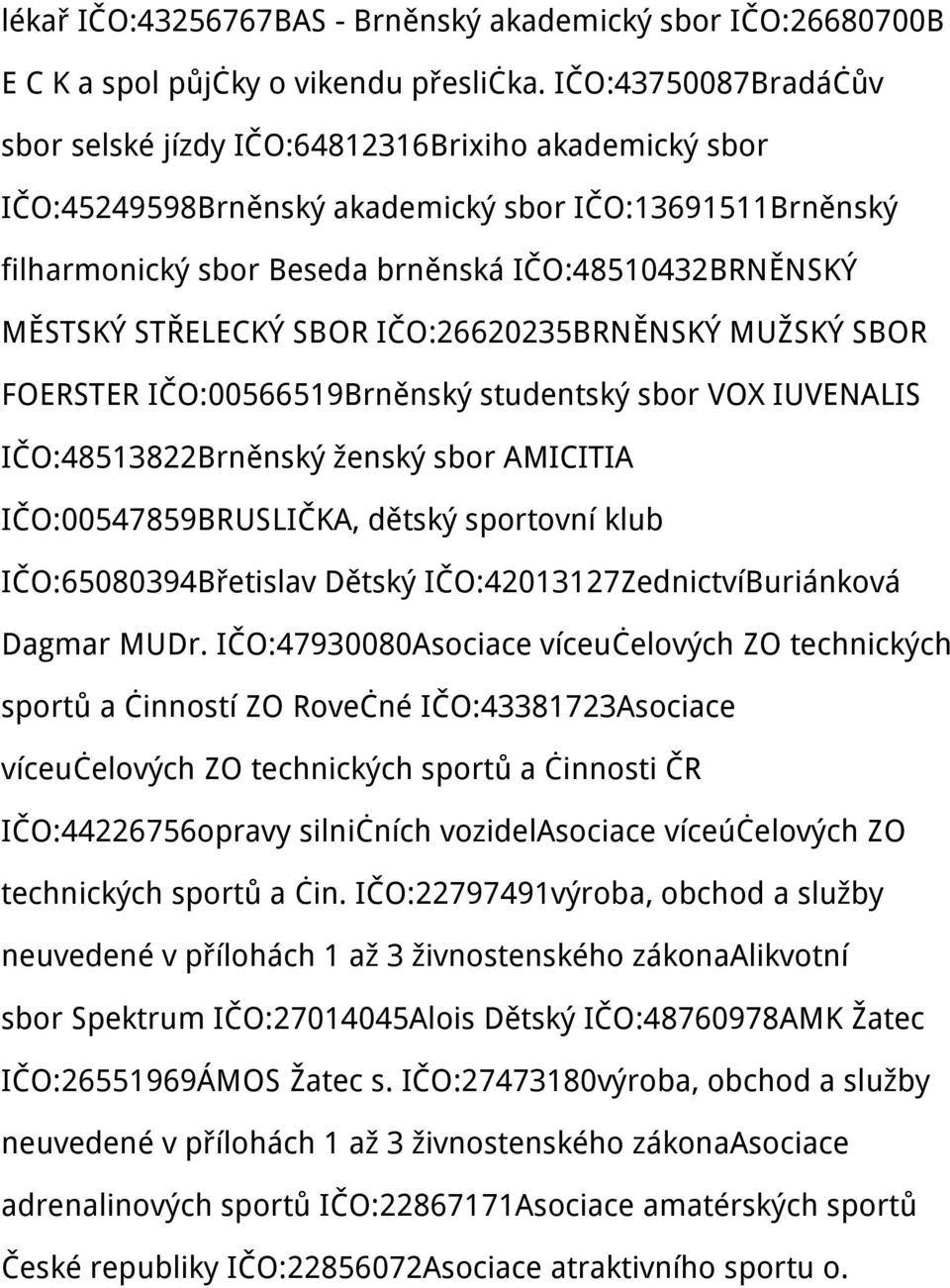 STŘELECKÝ SBOR IČO:26620235BRNĚNSKÝ MUŽSKÝ SBOR FOERSTER IČO:00566519Brněnský studentský sbor VOX IUVENALIS IČO:48513822Brněnský ženský sbor AMICITIA IČO:00547859BRUSLIČKA, dětský sportovní klub