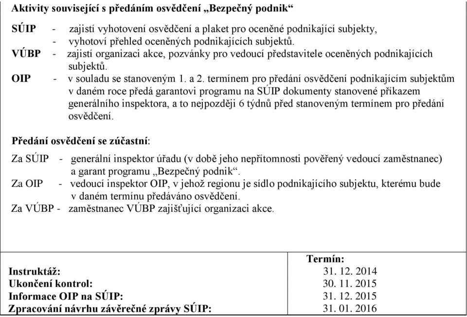 termínem pro předání osvědčení podnikajícím subjektům v daném roce předá garantovi programu na SÚIP dokumenty stanovené příkazem generálního inspektora, a to nejpozději 6 týdnů před stanoveným