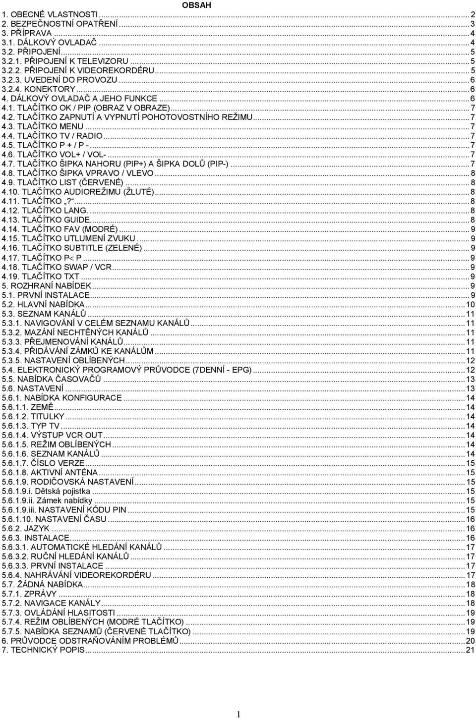 ..7 4.5. TLAČÍTKO P + / P -...7 4.6. TLAČÍTKO VOL+ / VOL-...7 4.7. TLAČÍTKO ŠIPKA NAHORU (PIP+) A ŠIPKA DOLŮ (PIP-)...7 4.8. TLAČÍTKO ŠIPKA VPRAVO / VLEVO...8 4.9. TLAČÍTKO LIST (ČERVENÉ)...8 4.10.