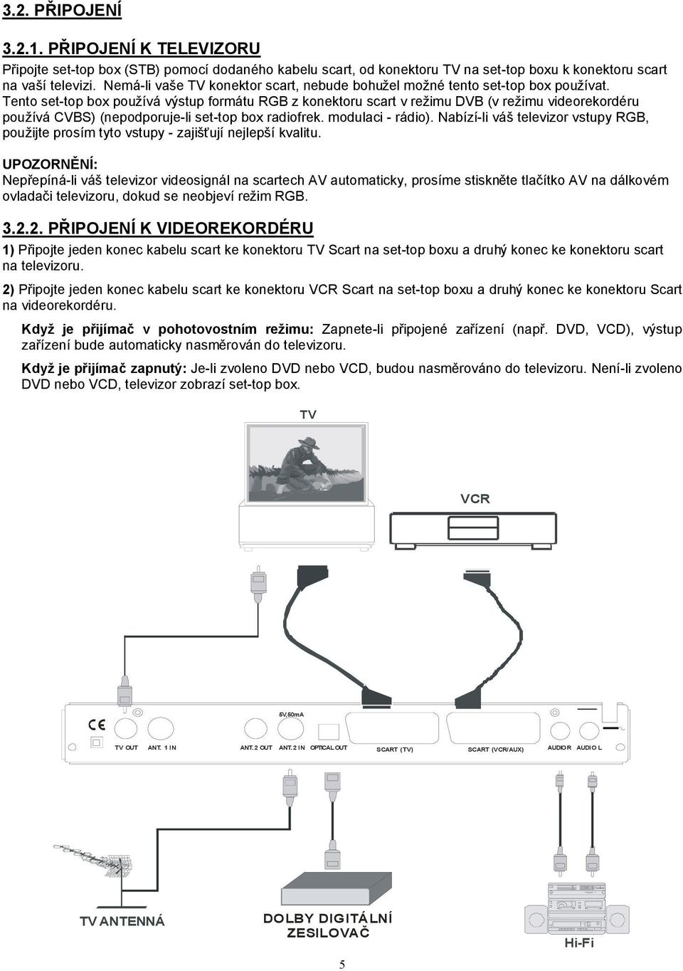 Tento set-top box používá výstup formátu RGB z konektoru scart v režimu DVB (v režimu videorekordéru používá CVBS) (nepodporuje-li set-top box radiofrek. modulaci - rádio).