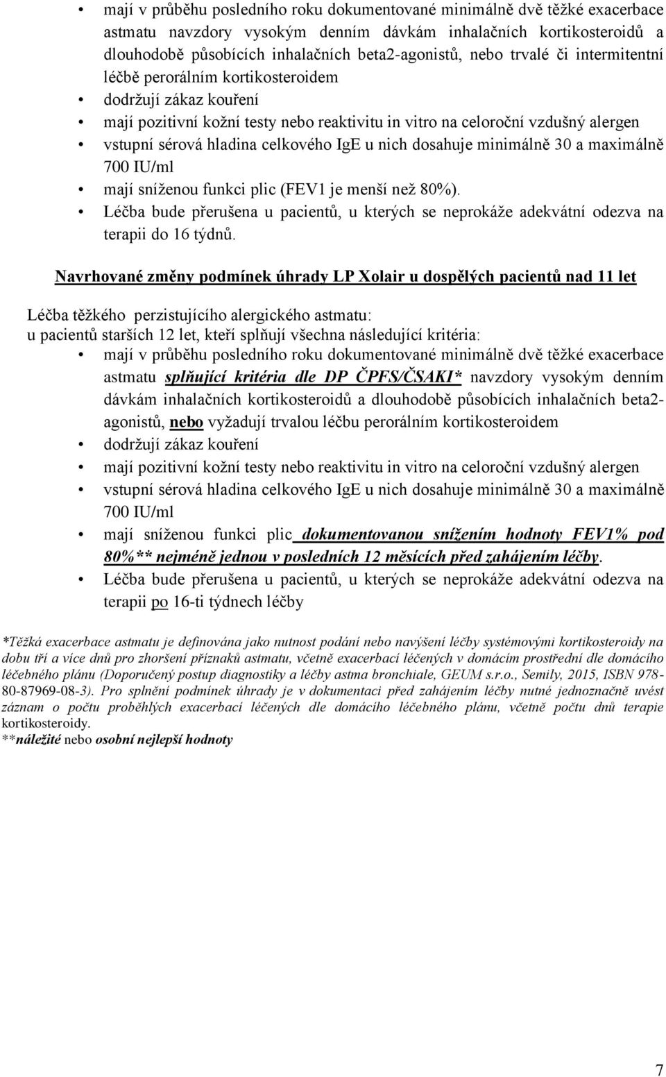 u nich dosahuje minimálně 30 a maximálně 700 IU/ml mají sníženou funkci plic (FEV1 je menší než 80%). Léčba bude přerušena u pacientů, u kterých se neprokáže adekvátní odezva na terapii do 16 týdnů.