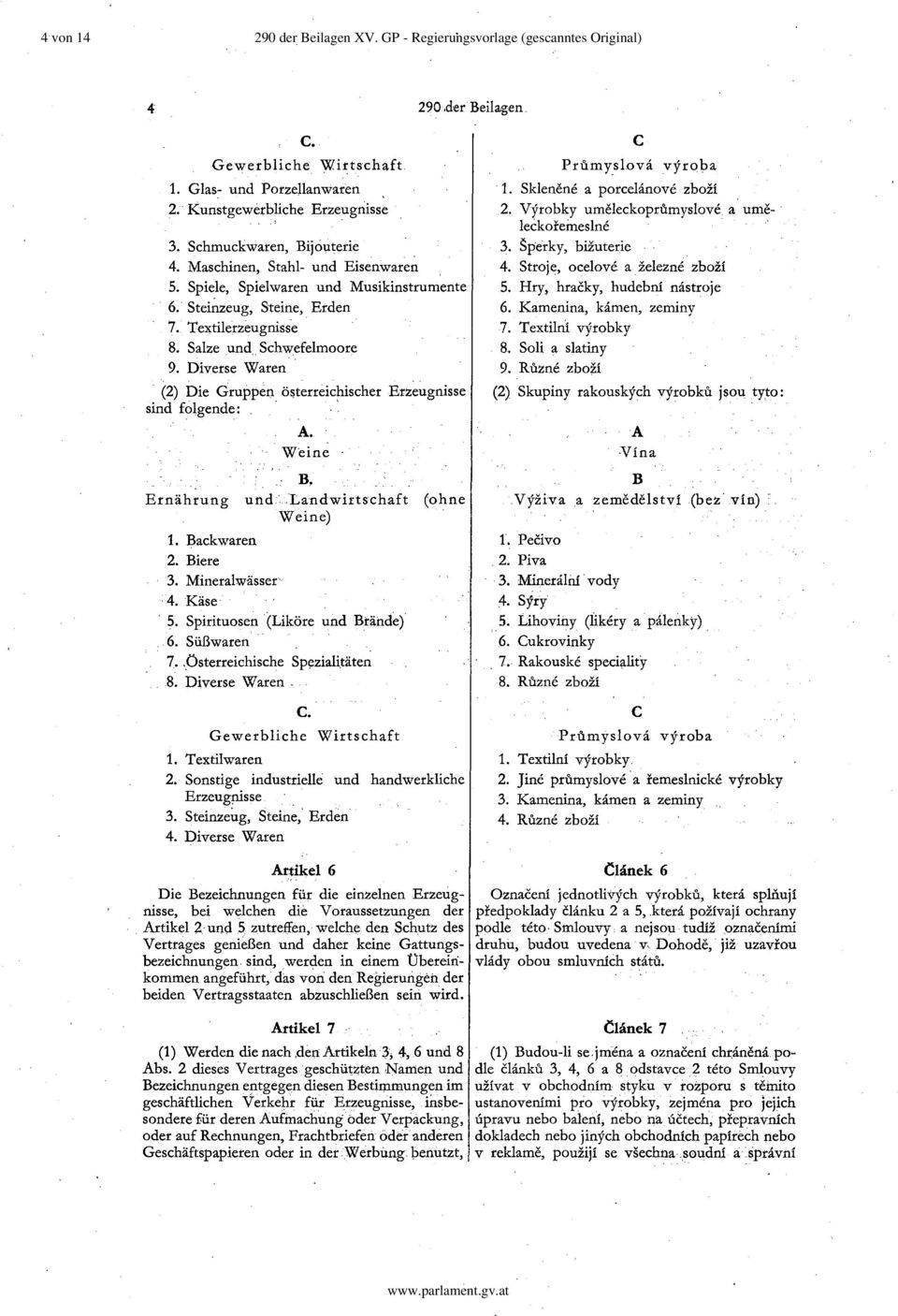 (2) Die Gruppen österreichischer Erz~ugnisse sind folgende:', A. Weine Prumyslova vyroba 1. Sklenene a porcelanove zbozi 2. Vyrobky umeleckoprumyslove a ume-. leckofeineslne. 3. Sperky, bizuterie 4.