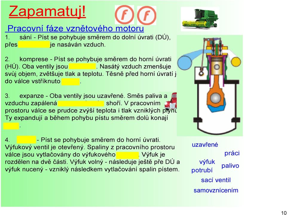 Směs paliva a vzduchu zapálená samovznícením shoří. V pracovním prostoru válce se prudce zvýší teplota i tlak vzniklých plynů. Ty expandují a během pohybu pístu směrem dolů konají práci. 4.