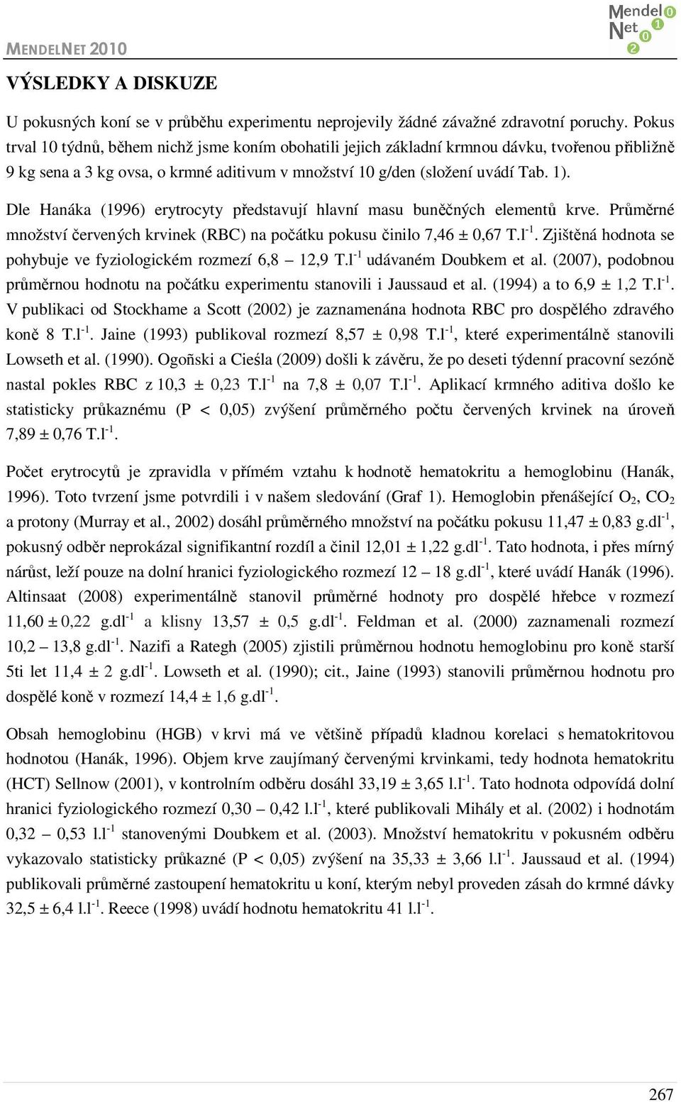 Dle Hanáka (1996) erytrocyty představují hlavní masu buněčných elementů krve. Průměrné množství červených krvinek (RBC) na počátku pokusu činilo 7,46 ± 0,67 T.l -1.