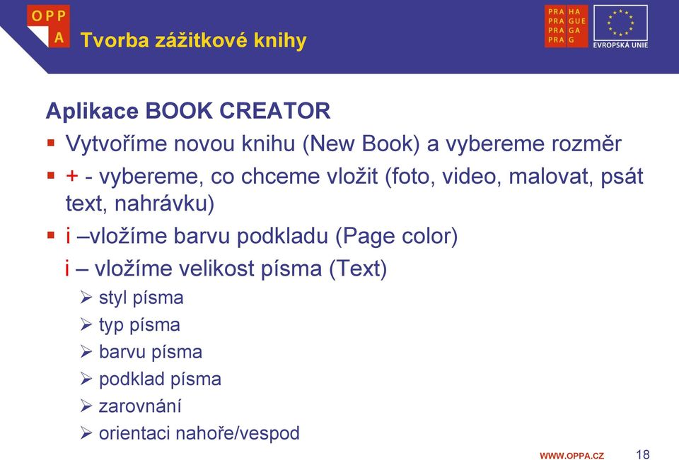 nahrávku) i vložíme barvu podkladu (Page color) i vložíme velikost písma (Text)