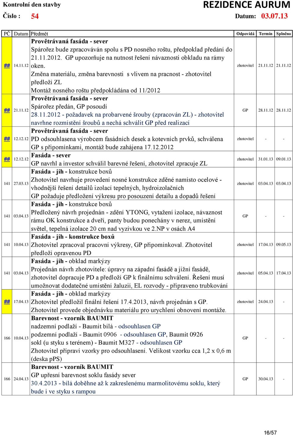 Změna materiálu, změna barevnosti s vlivem na pracnost - zhotovitel předloží ZL Montáž nosného roštu předpokládána od 11/