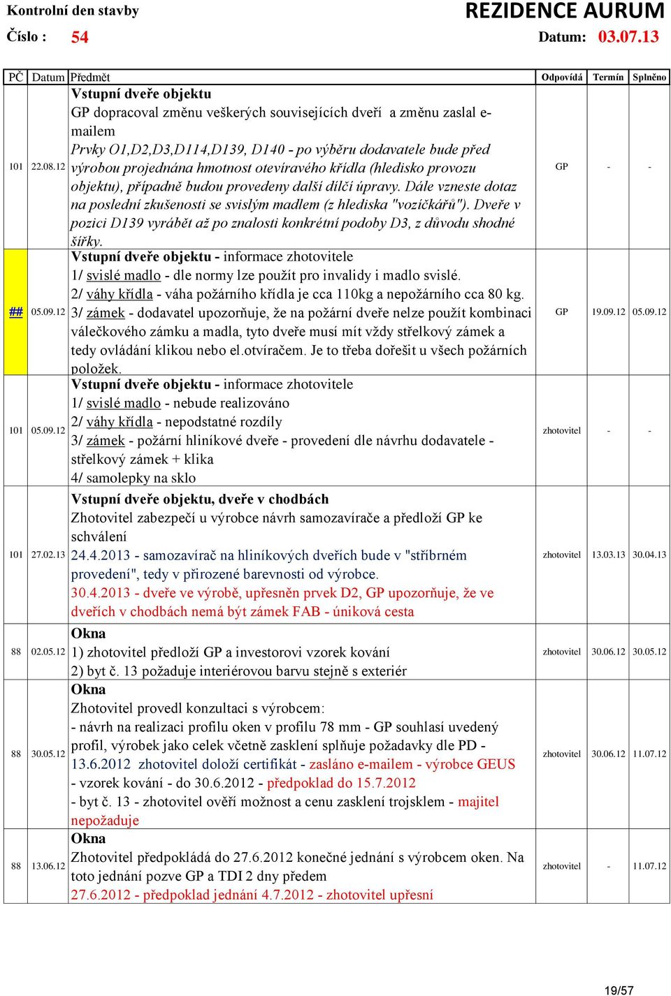 otevíravého křídla (hledisko provozu objektu), případně budou provedeny další dílčí úpravy. Dále vzneste dotaz na poslední zkušenosti se svislým madlem (z hlediska "vozíčkářů").