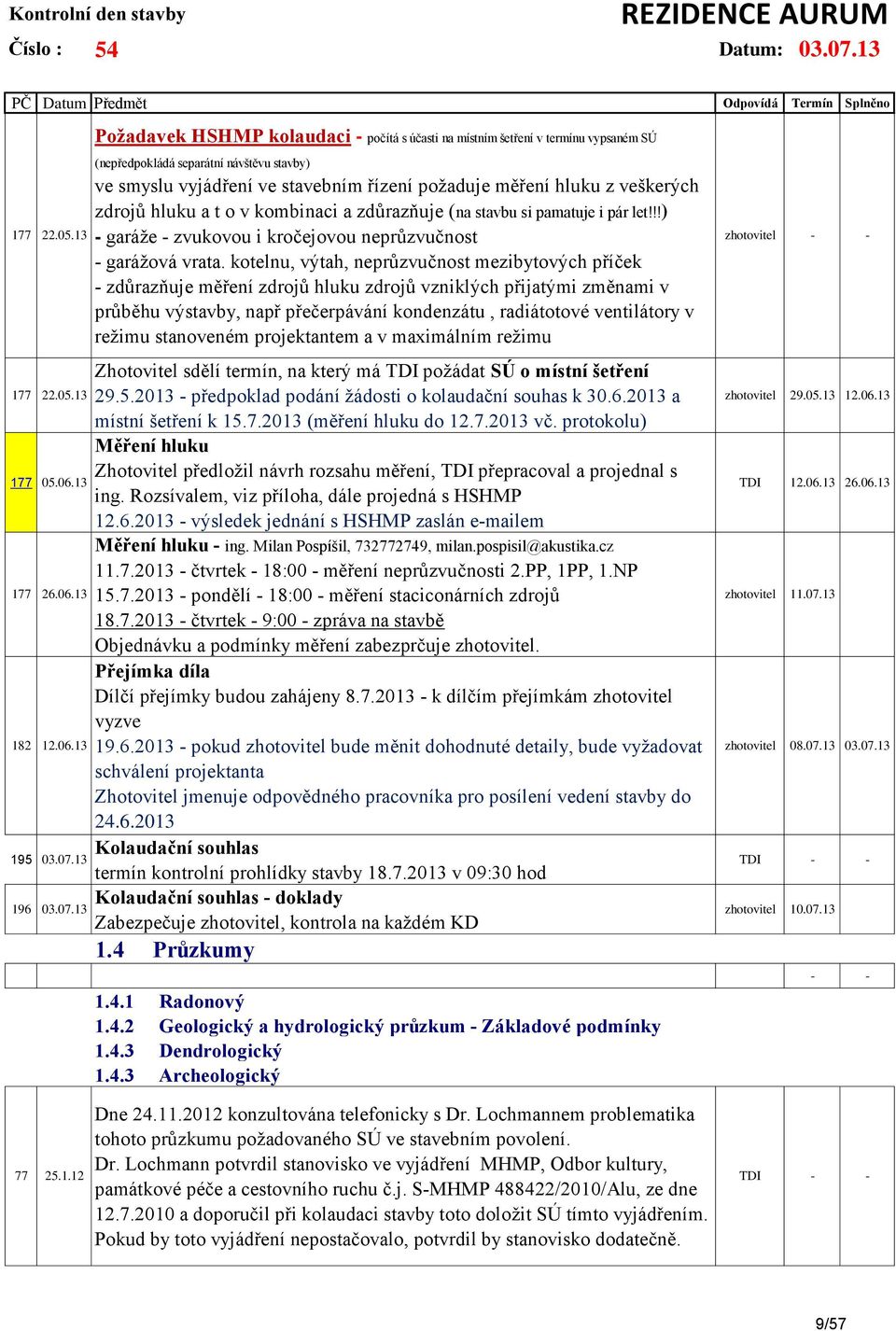 13 Požadavek HSHMP kolaudaci - počítá s účasti na místním šetření v termínu vypsaném SÚ (nepředpokládá separátní návštěvu stavby) ve smyslu vyjádření ve stavebním řízení požaduje měření hluku z