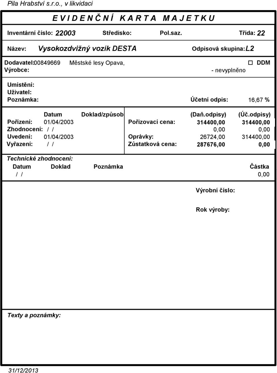 lesy Opava, - nevyplnno Poznámka: Úetní odpis: 16,67 % Poízení: 01/04/2003 Poizovací