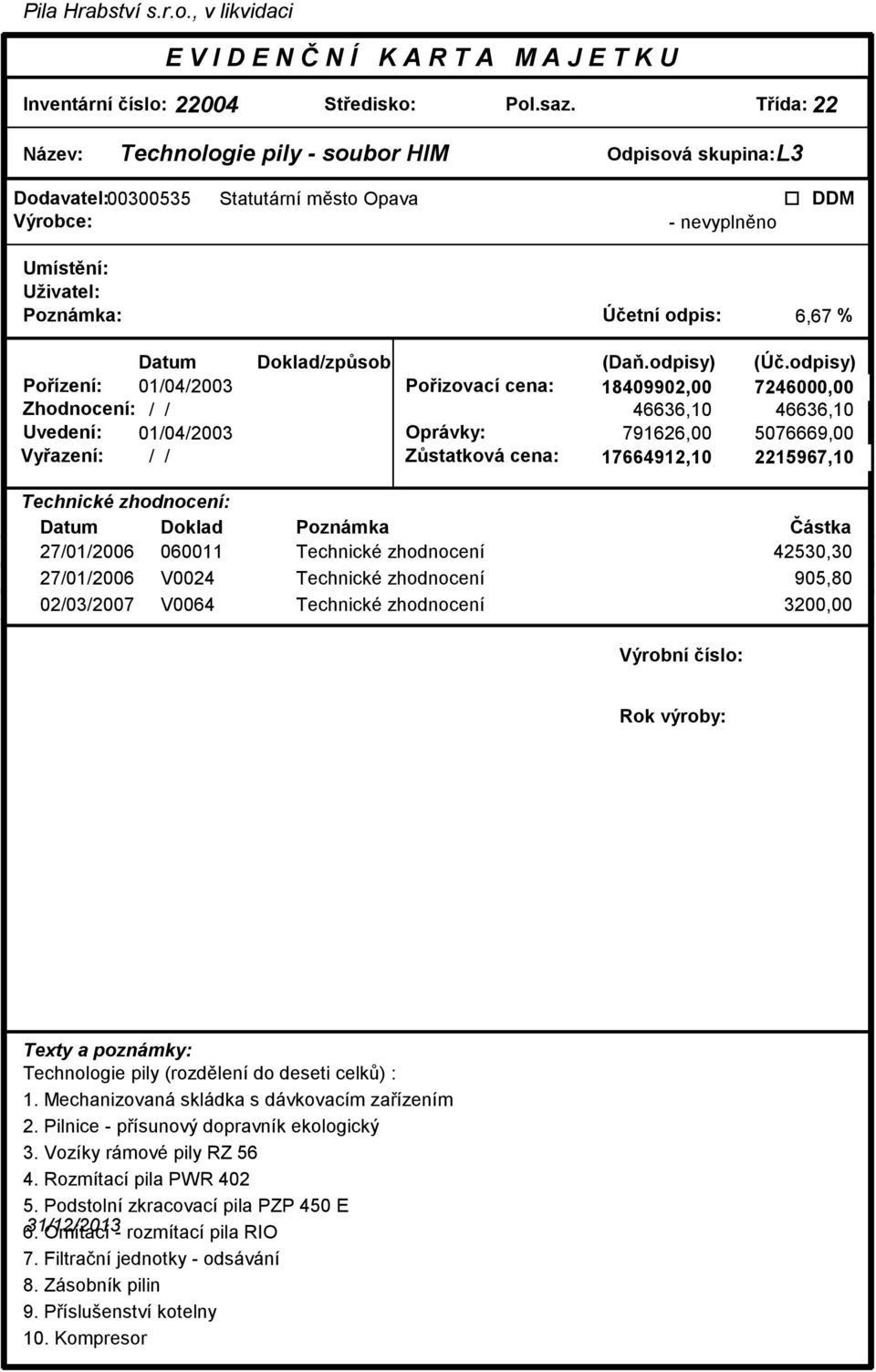 7246000,00 Zhodnocení: / / 46636,10 46636,10 Uvedení: 01/04/2003 Oprávky: 791626,00 5076669,00 Vyazení: / / Zstatková cena: 17664912,10 2215967,10 27/01/2006 060011 Technické zhodnocení 42530,30