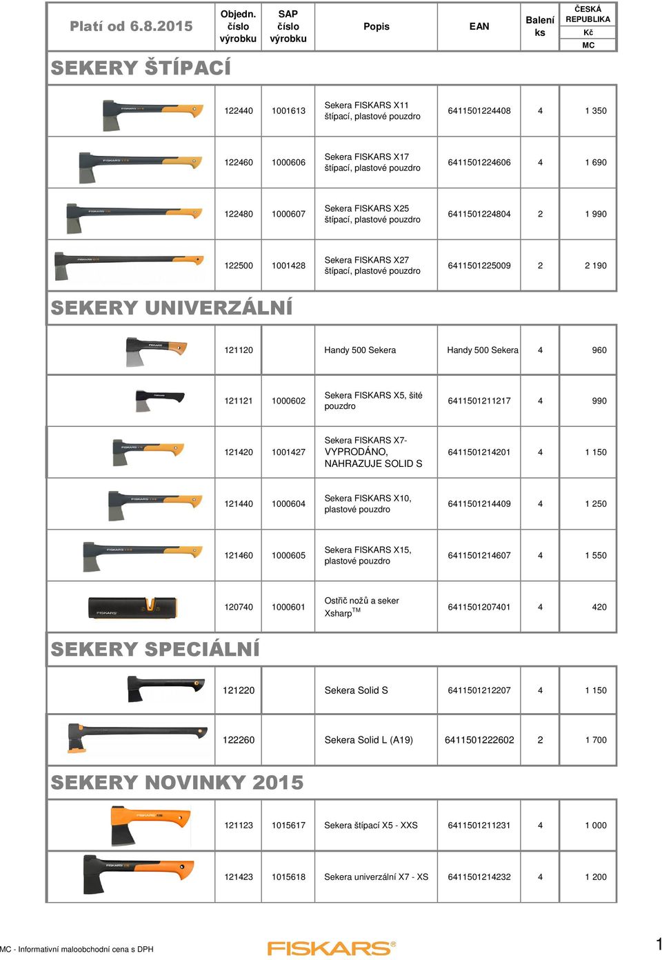 500 Sekera 4 960 121121 1000602 Sekera FISKARS X5, šité pouzdro 6411501211217 4 990 121420 1001427 Sekera FISKARS X7- VYPRODÁNO, NAHRAZUJE SOLID S 6411501214201 4 1 150 121440 1000604 Sekera FISKARS