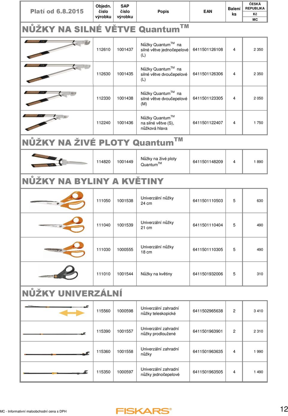 Quantum TM 114820 1001449 Nůžky na živé ploty Quantum TM 6411501148209 4 1 890 NŮŽKY NA BYLINY A KVĚTINY 111050 1001538 Univerzální nůžky 24 cm 6411501110503 5 630 111040 1001539 Univerzální nůžky 21