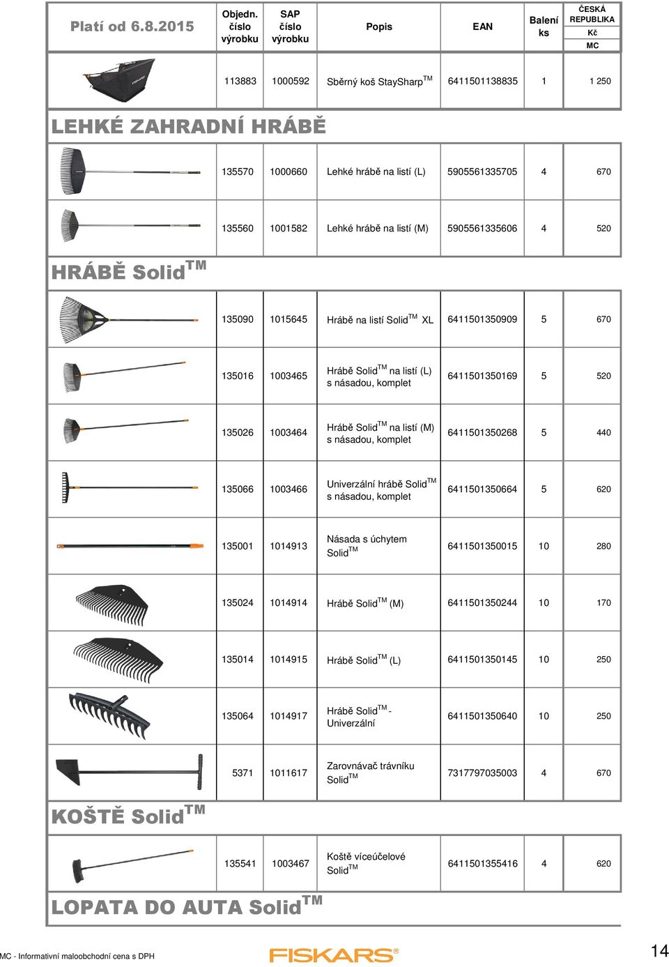 listí (M) s násadou, komplet 6411501350268 5 440 135066 1003466 Univerzální hrábě Solid TM s násadou, komplet 6411501350664 5 620 135001 1014913 Násada s úchytem Solid TM 6411501350015 10 280 135024