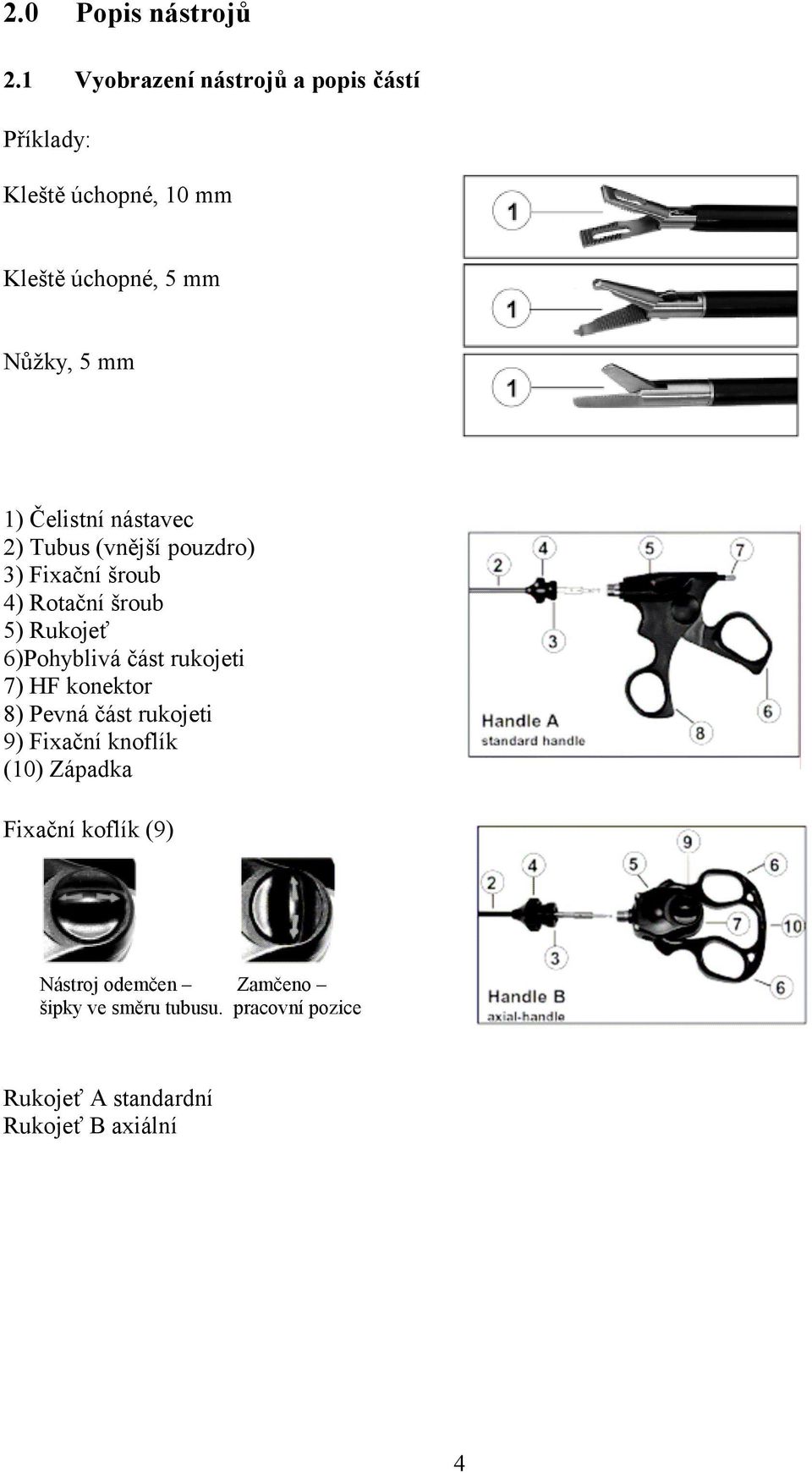 Čelistní nástavec 2) Tubus (vnější pouzdro) 3) Fixační šroub 4) Rotační šroub 5) Rukojeť 6)Pohyblivá část