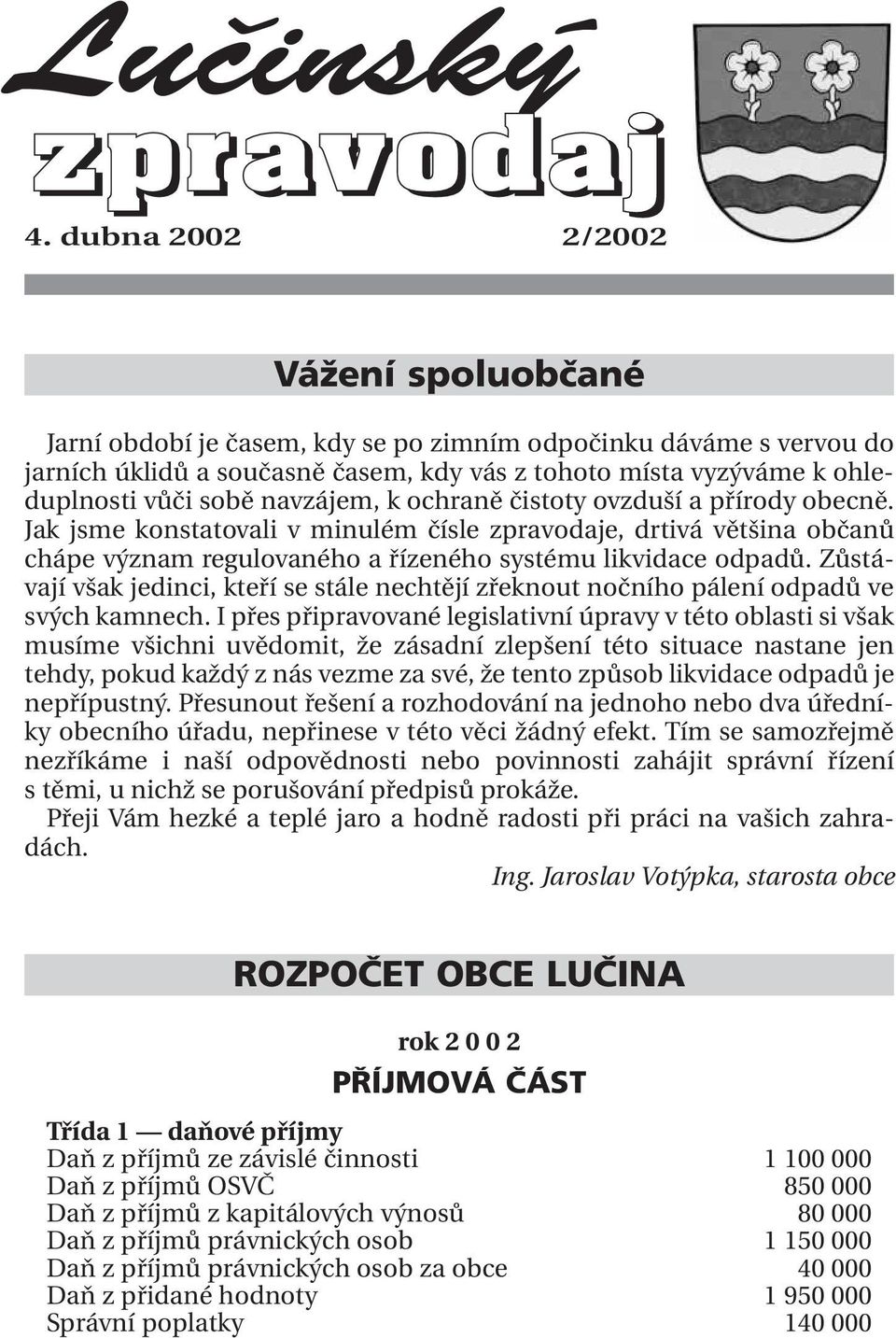 navzájem, k ochraně čistoty ovzduší a přírody obecně. Jak jsme konstatovali v minulém čísle zpravodaje, drtivá většina občanů chápe význam regulovaného a řízeného systému likvidace odpadů.