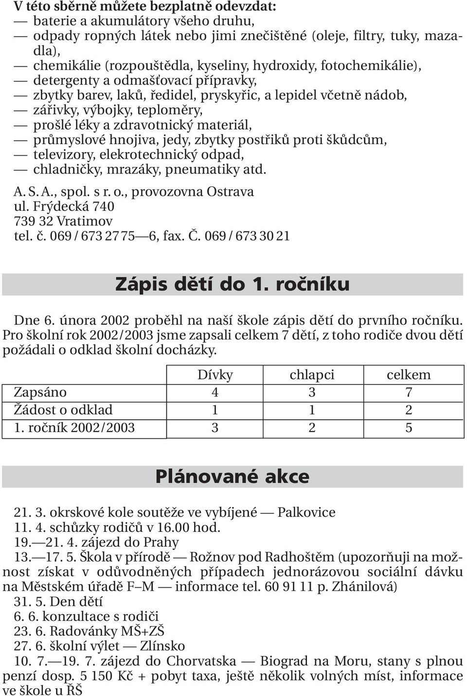 hnojiva, jedy, zbytky postřiků proti škůdcům, televizory, elekrotechnický odpad, chladničky, mrazáky, pneumatiky atd. A. S. A., spol. s r. o., provozovna Ostrava ul. Frýdecká 740 739 32 Vratimov tel.