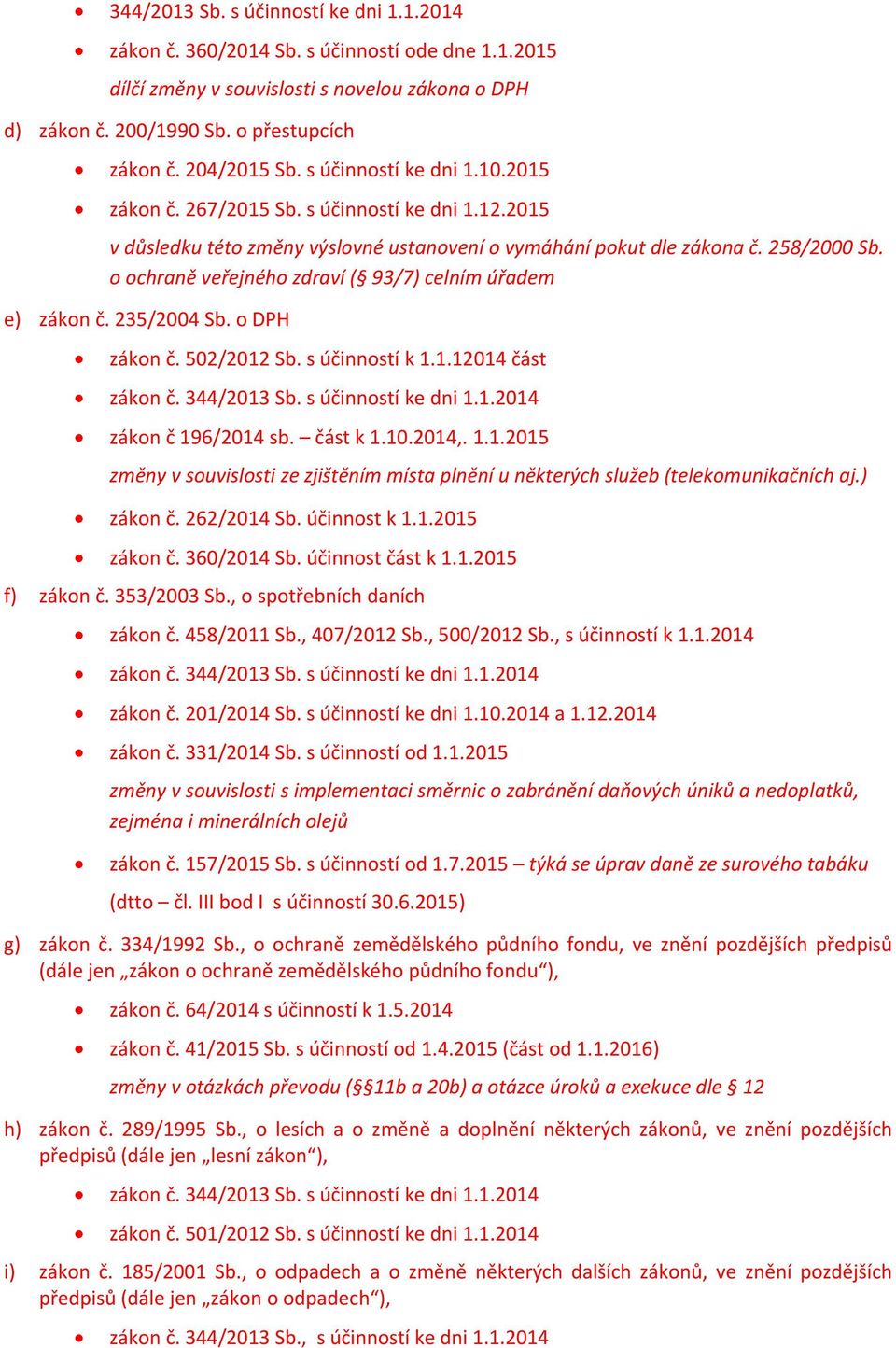 o ochraně veřejného zdraví ( 93/7) celním úřadem e) zákon č. 235/2004 Sb. o DPH zákon č. 502/2012 Sb. s účinností k 1.1.12014 část zákon č. 344/2013 Sb. s účinností ke dni 1.1.2014 zákon č 196/2014 sb.