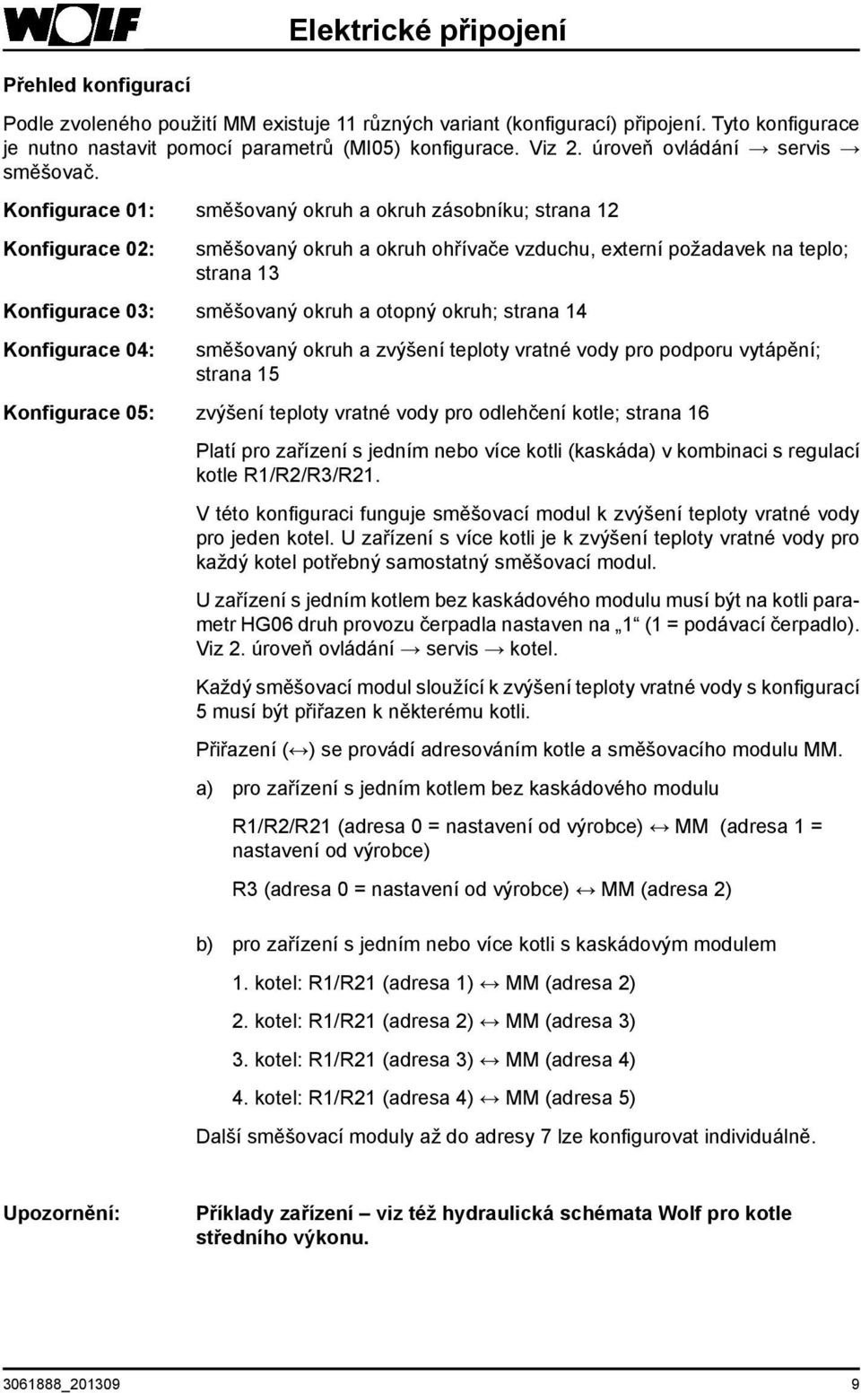 Konfigurace 01: směšovaný okruh a okruh zásobníku; strana 12 Konfigurace 02: směšovaný okruh a okruh ohřívače vzduchu, externí požadavek na teplo; strana 13 Konfigurace 03: směšovaný okruh a otopný