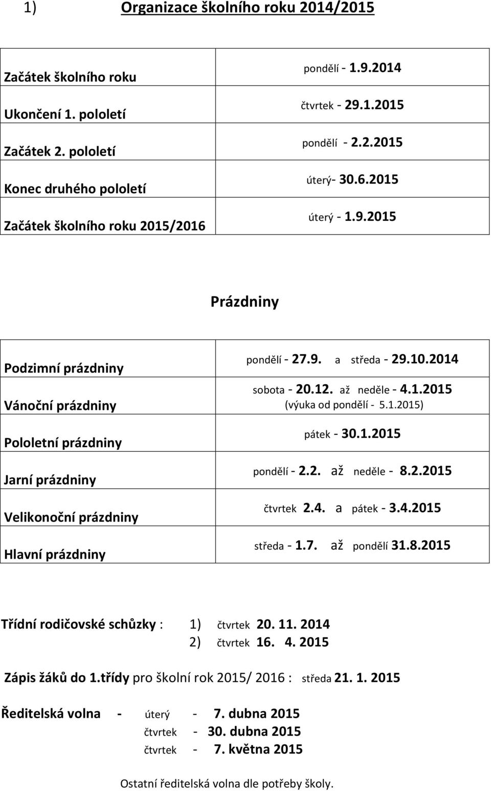 2014 sobota - 20.12. až neděle - 4.1.2015 (výuka od pondělí - 5.1.2015) pátek - 30.1.2015 pondělí - 2.2. až neděle - 8.2.2015 čtvrtek 2.4. a pátek - 3.4.2015 středa - 1.7. až pondělí 31.8.2015 Třídní rodičovské schůzky : 1) čtvrtek 20.