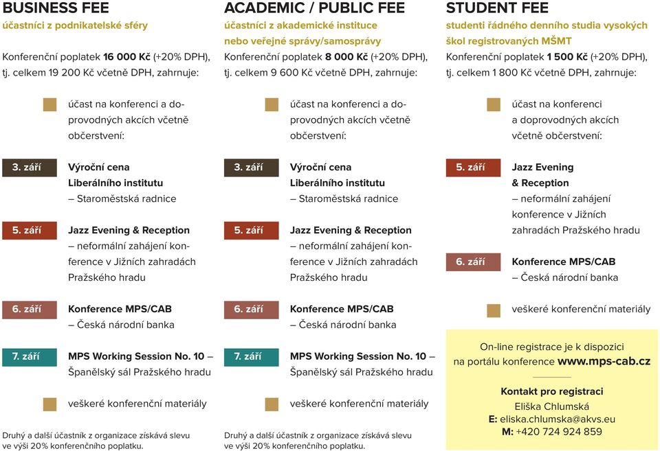 celkem 9 600 Kč včetně DPH, zahrnuje: STUDENT FEE studenti řádného denního studia vysokých škol registrovaných MŠMT Konferenční poplatek 1 500 Kč (+20% DPH), tj.