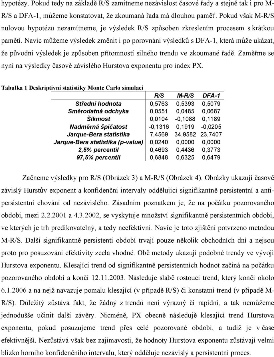 Navíc můžeme výsledek změnit i po porovnání výsledků s DFA-1, která může ukázat, že původní výsledek je způsoben přítomností silného trendu ve zkoumané řadě.