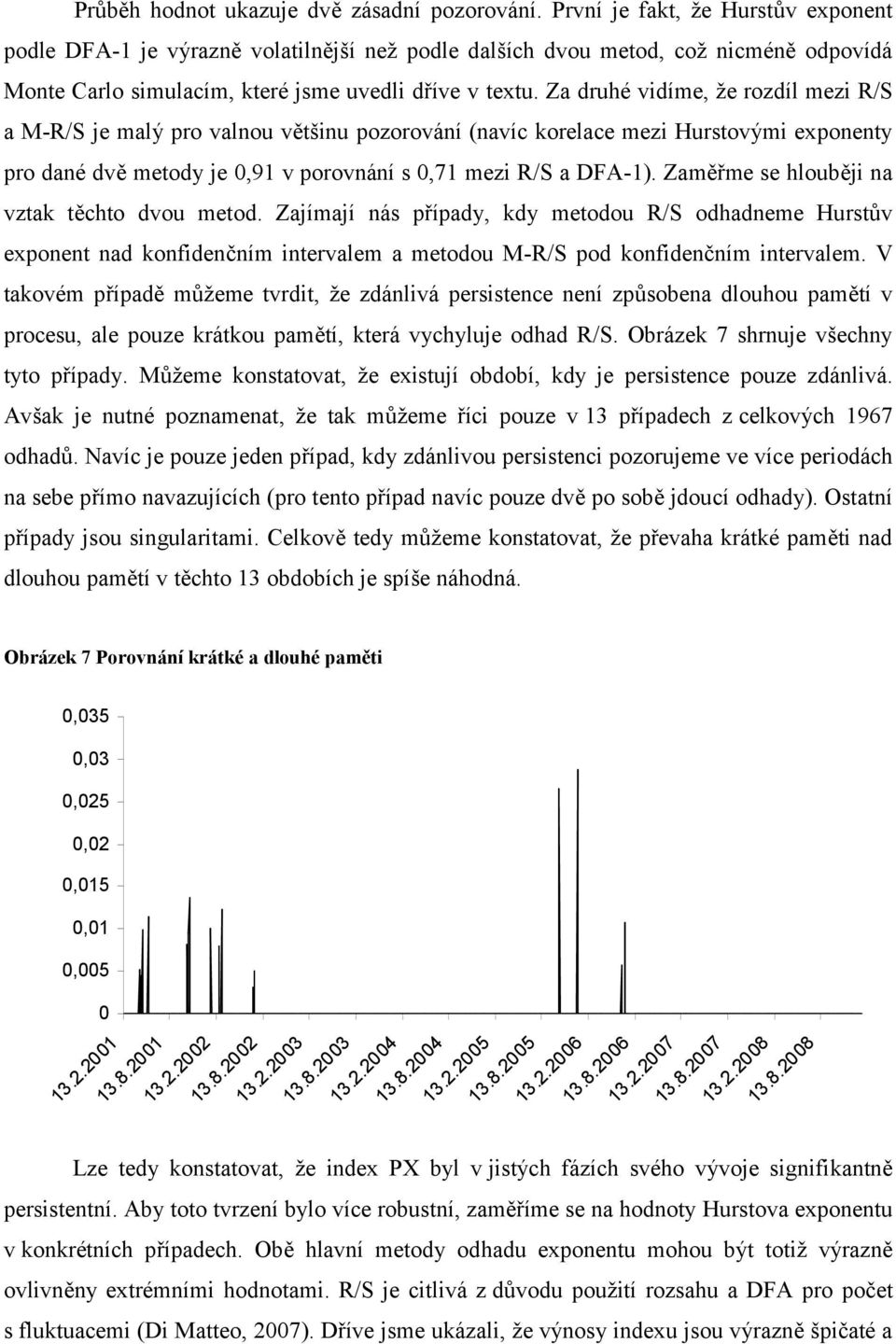 Za druhé vidíme, že rozdíl mezi R/S a M-R/S je malý pro valnou většinu pozorování (navíc korelace mezi Hurstovými exponenty pro dané dvě metody je 0,91 v porovnání s 0,71 mezi R/S a DFA-1).