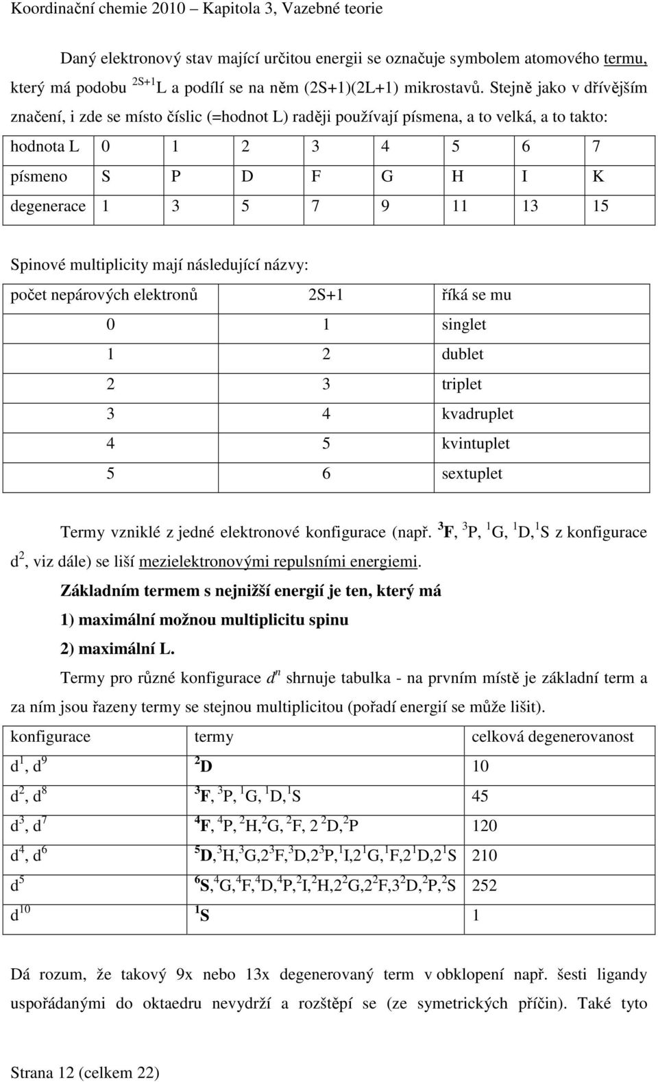 Spinové multiplicity mají následující názvy: počet nepárových elektronů 2S+1 říká se mu 0 1 singlet 1 2 dublet 2 3 triplet 3 4 kvadruplet 4 5 kvintuplet 5 6 sextuplet Termy vzniklé z jedné