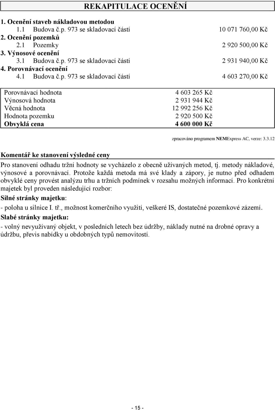 973 se skladovací částí 4 603 270,00 Kč Porovnávací hodnota Výnosová hodnota Věcná hodnota Hodnota pozemku Obvyklá cena 4 603 265 Kč 2 931 944 Kč 12 992 256 Kč 2 920 500 Kč 4 600 000 Kč zpracováno