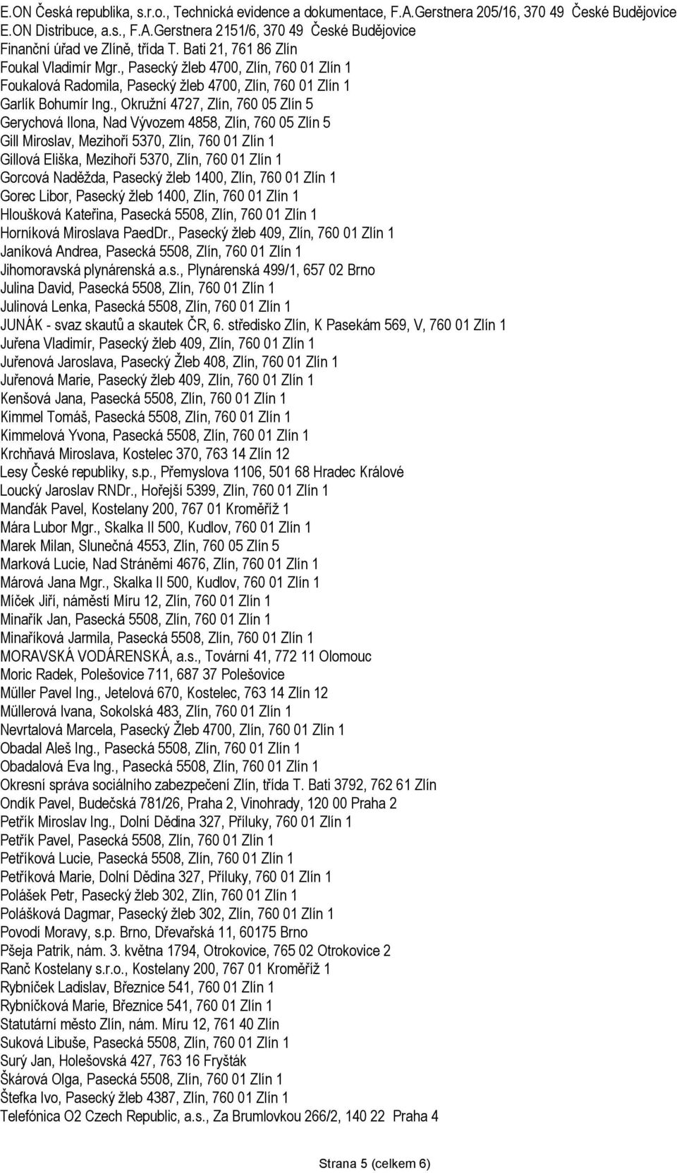 , Okruţní 4727, Zlín, 760 05 Zlín 5 Gerychová Ilona, Nad Vývozem 4858, Zlín, 760 05 Zlín 5 Gill Miroslav, Mezihoří 5370, Zlín, 760 01 Zlín 1 Gillová Eliška, Mezihoří 5370, Zlín, 760 01 Zlín 1 Gorcová