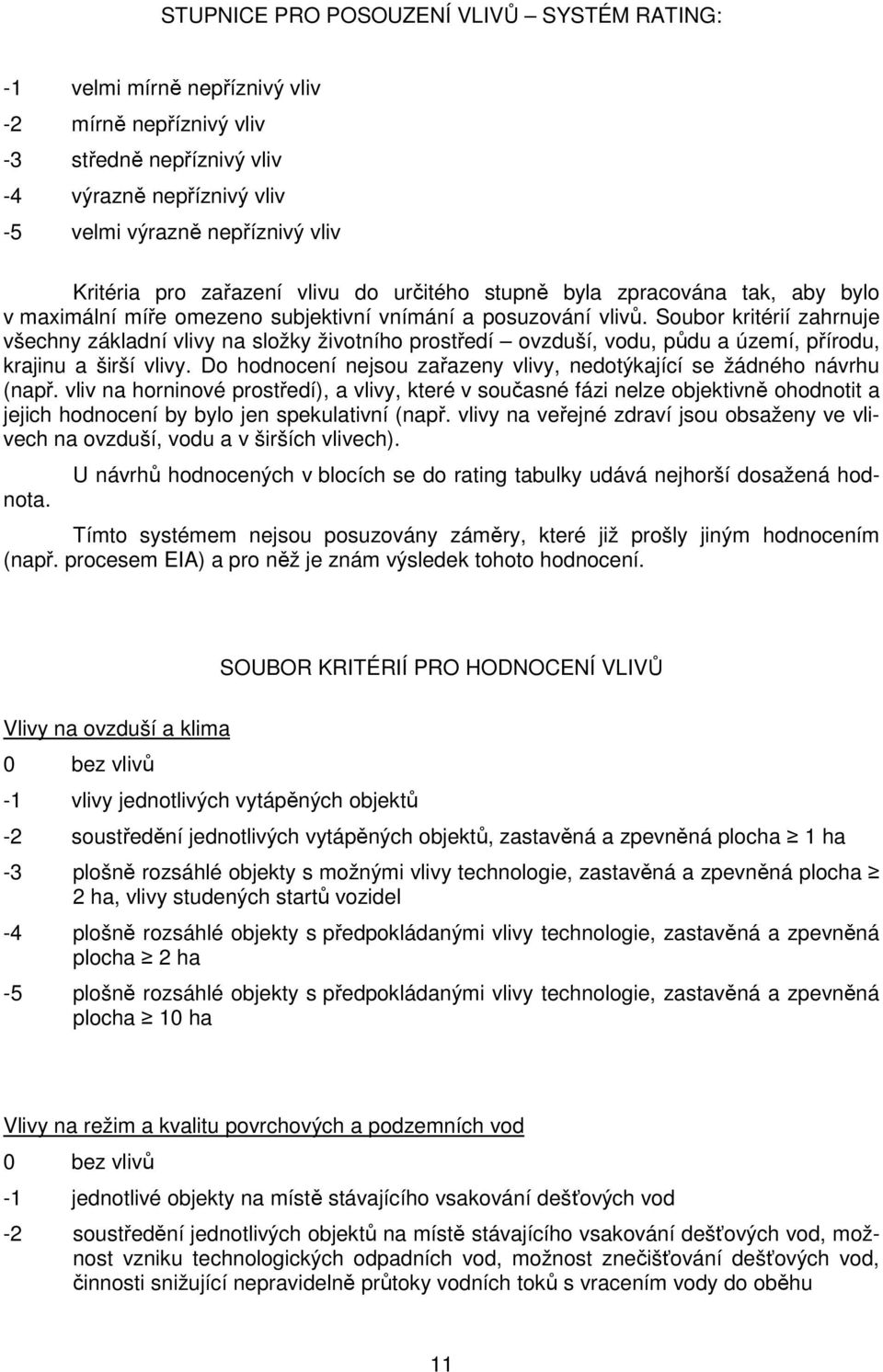 Soubor kritérií zahrnuje všechny základní vlivy na složky životního prostředí ovzduší, vodu, půdu a území, přírodu, krajinu a širší vlivy.