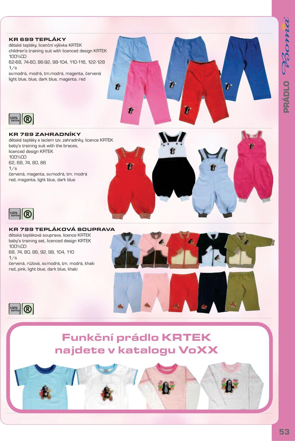 zahradníky, licence KRTEK baby s training suit with the braces, licenced design KRTEK 62, 68, 74, 80, 86 červená, magenta, sv.modrá, tm.