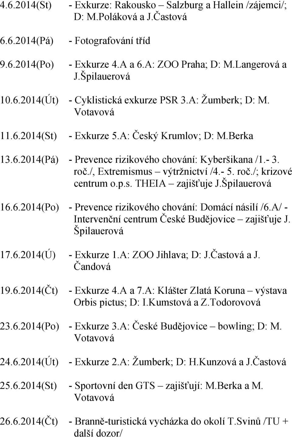 roč./, Extremismus výtržnictví /4.- 5. roč./; krizové centrum o.p.s. THEIA zajišťuje J.Špilauerová 16.6.2014(Po) - Prevence rizikového chování: Domácí násilí /6.