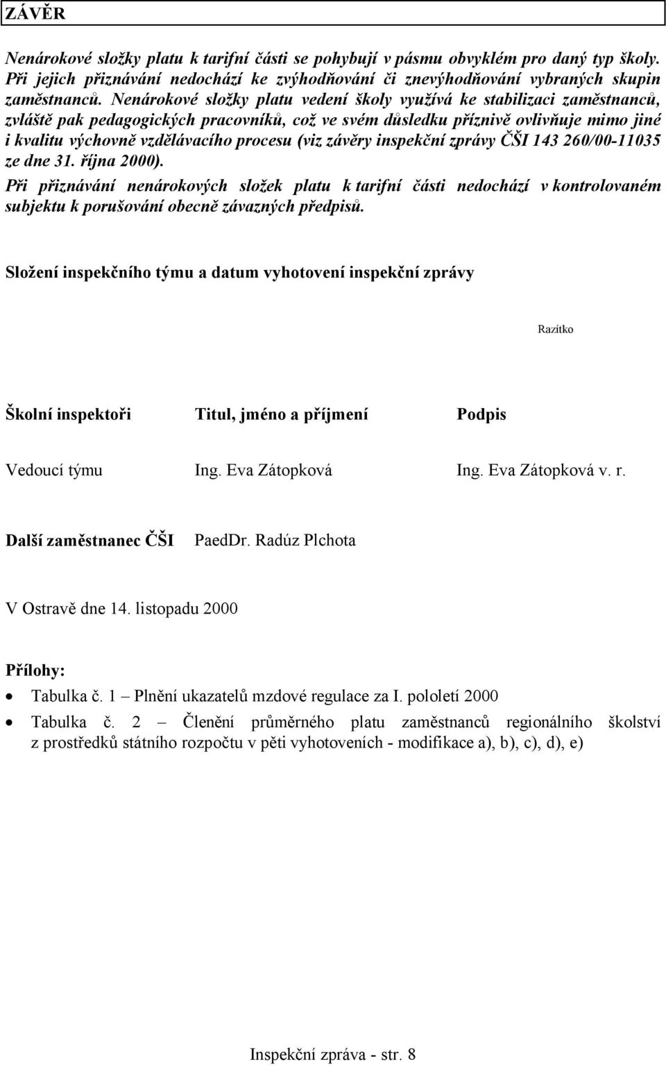 procesu (viz závěry inspekční zprávy ČŠI 143 260/00-11035 ze dne 31. října 2000).