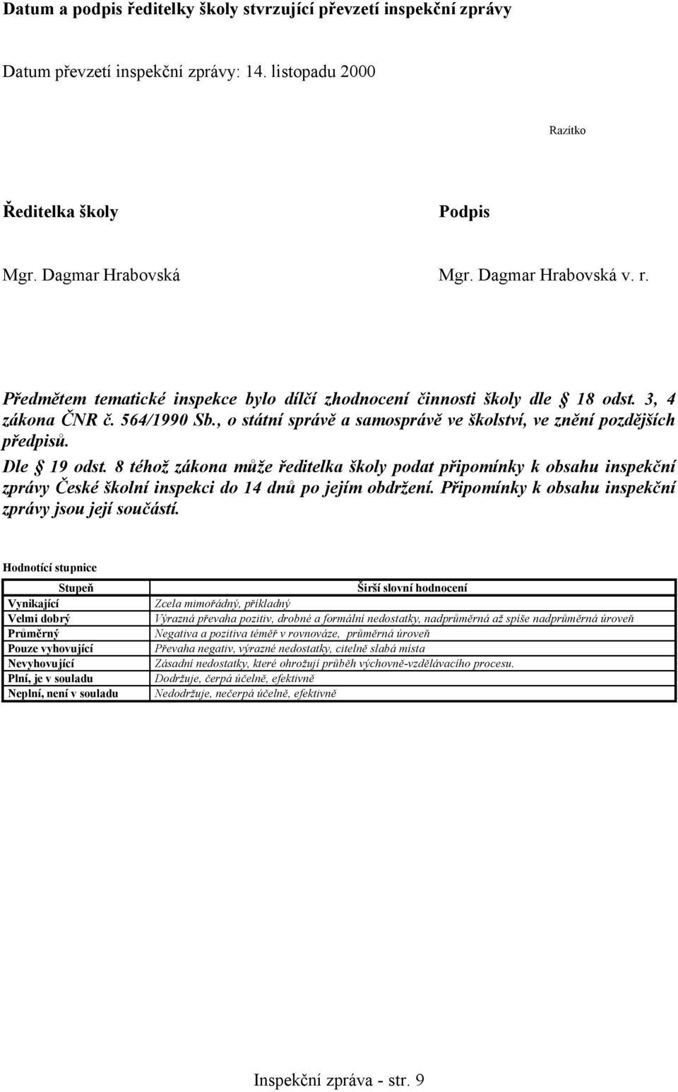 8 téhož zákona může ředitelka školy podat připomínky k obsahu inspekční zprávy České školní inspekci do 14 dnů po jejím obdržení. Připomínky k obsahu inspekční zprávy jsou její součástí.