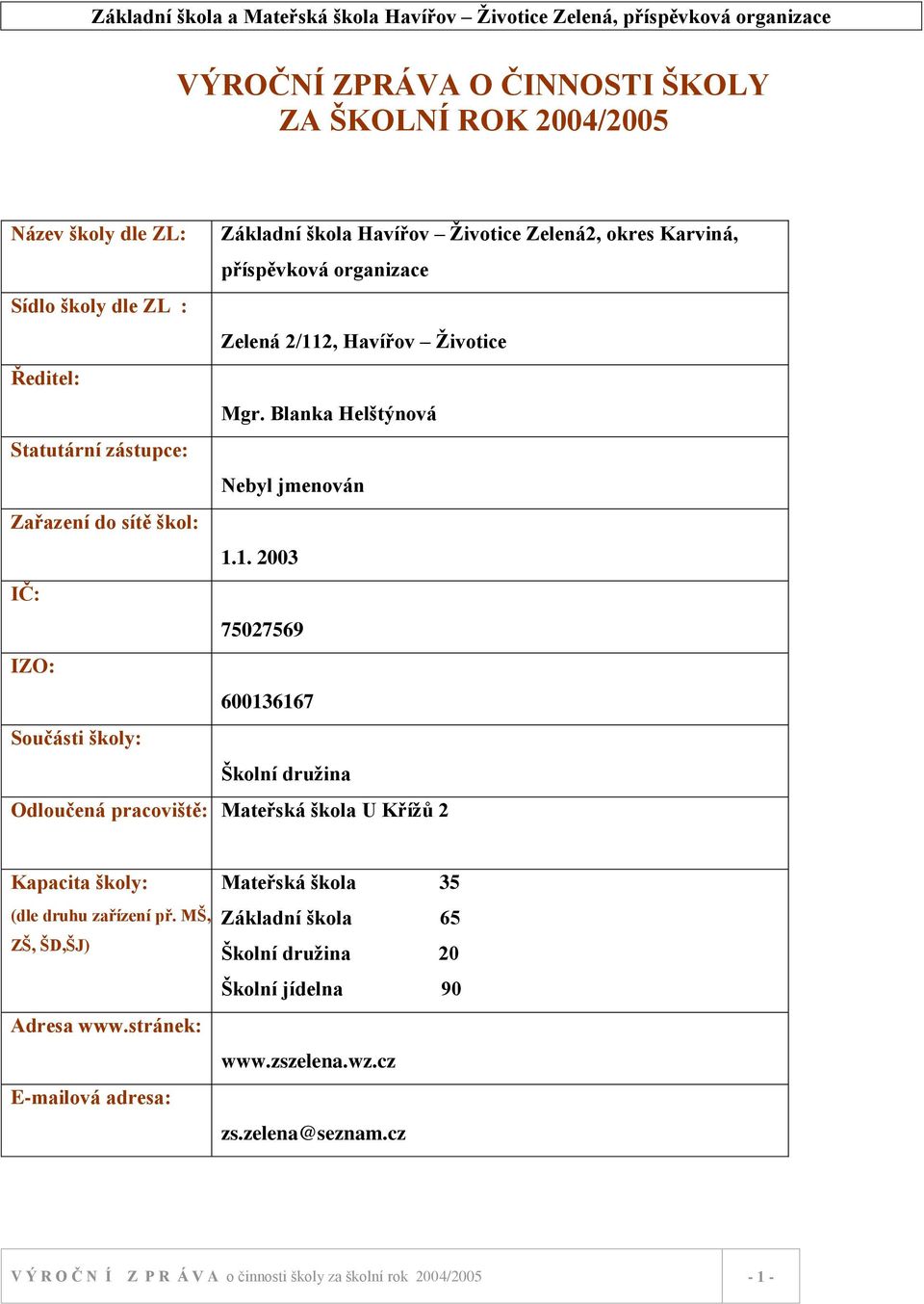 2, Havířov Ţivotice Ředitel: Mgr. Blanka Helštýnová Statutární zástupce: Nebyl jmenován Zařazení do sítě škol: 1.