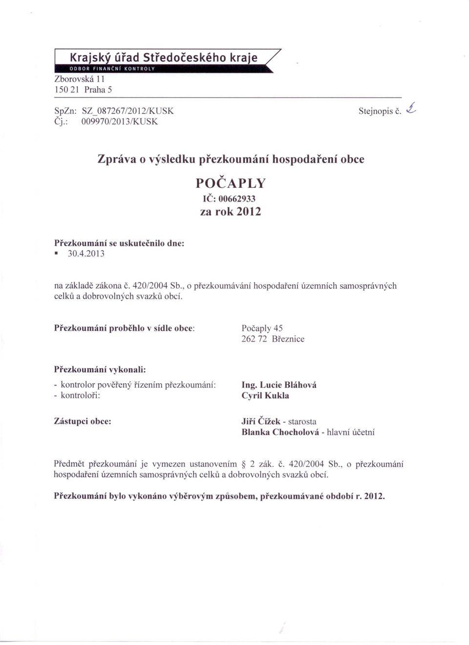 hospodaření územních samosprávných Přezkoumání proběhlo v sídle obce: Počaply 45 262 72 Březnice Přezkoumání vykonali: - kontrolor pověřený řízením přezkoumání: - kontroloři: Ing.