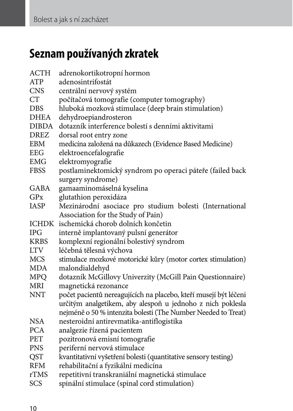 Based Medicine) EEG elektroencefalografie EMG elektromyografie FBSS postlaminektomický syndrom po operaci páteře (failed back surgery syndrome) GABA gamaaminomáselná kyselina GPx glutathion