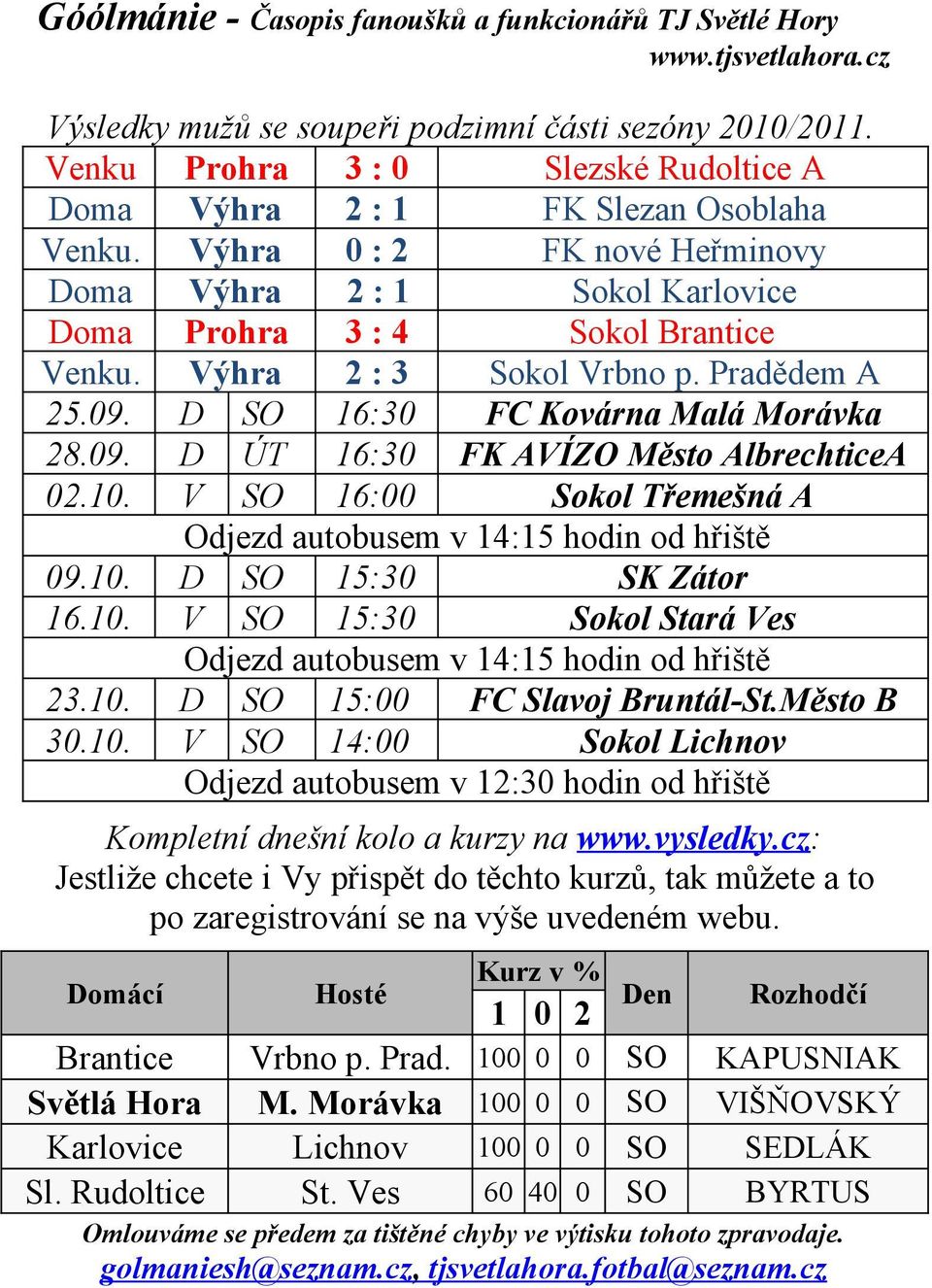 10. V SO 16:00 Sokol Třemešná A Odjezd autobusem v 14:15 hodin od hřiště 09.10. D SO 15:30 SK Zátor 16.10. V SO 15:30 Sokol Stará Ves Odjezd autobusem v 14:15 hodin od hřiště 23.10. D SO 15:00 FC Slavoj Bruntál-St.