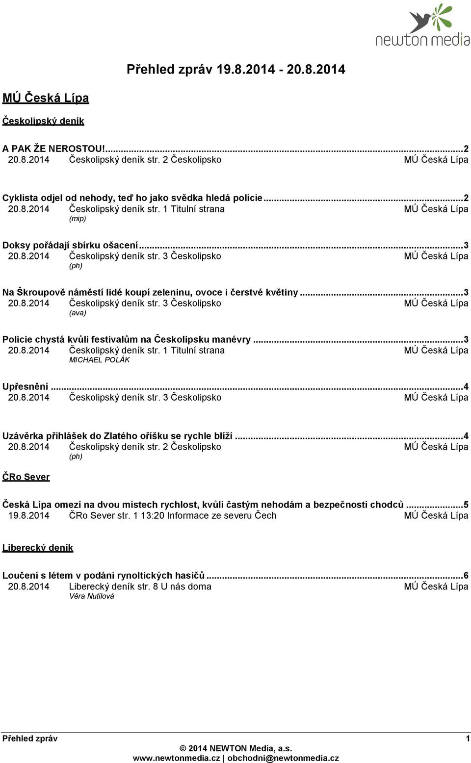 .. 3 20.8.2014 Českolipský deník str. 1 Titulní strana MICHAEL POLÁK Upřesnění... 4 20.8.2014 Českolipský deník str. 3 Českolipsko Uzávěrka přihlášek do Zlatého oříšku se rychle blíží... 4 20.8.2014 Českolipský deník str. 2 Českolipsko (ph) ČRo Sever Česká Lípa omezí na dvou místech rychlost, kvůli častým nehodám a bezpečnosti chodců.