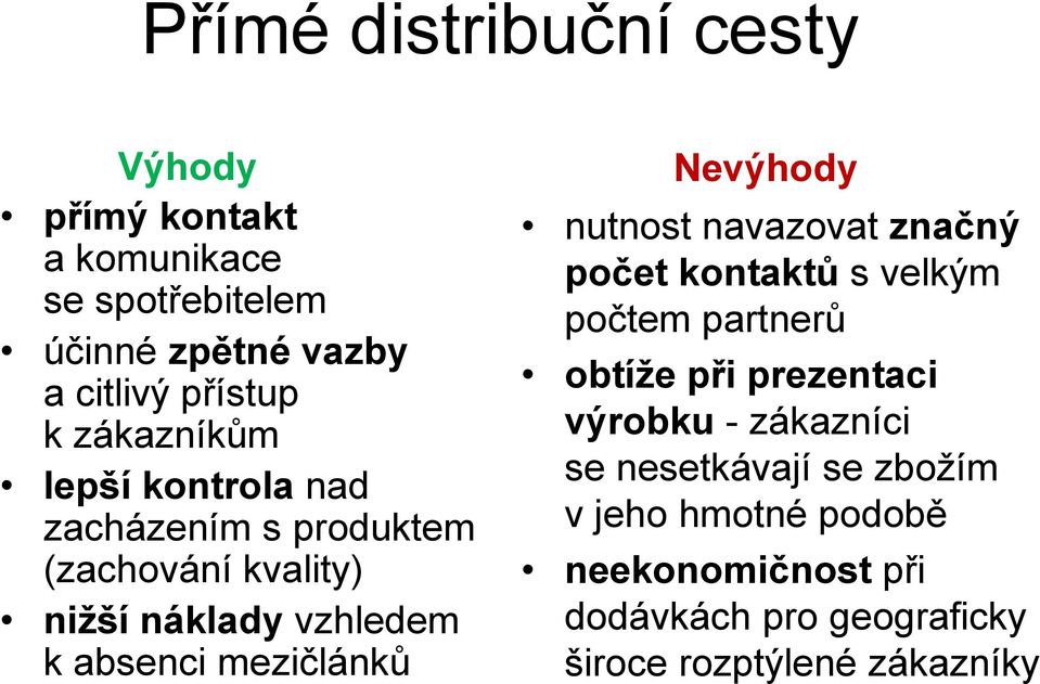 Nevýhody nutnost navazovat značný počet kontaktů s velkým počtem partnerů obtíže při prezentaci výrobku - zákazníci