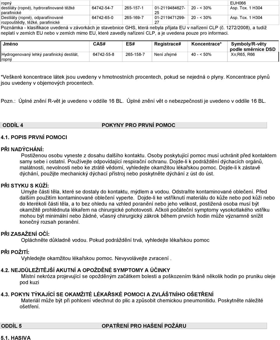 1 H304 27 Poznámka - klasifikace uvedená v závorkách je stavebnice GHS, která nebyla přijata EU v nařízení CLP (č.