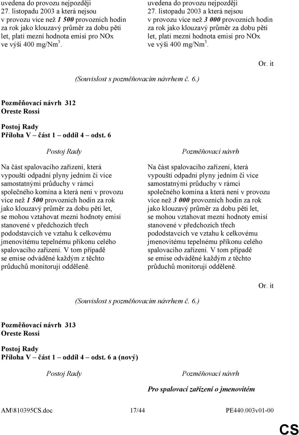 listopadu 2003 a která nejsou v provozu více než 3 000 provozních hodin za rok jako klouzavý průměr za dobu pěti let, platí mezní hodnota emisí pro NOx ve výši 400 mg/nm 3. Or.