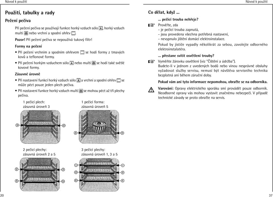 Z suvnè rovnï ï P i nastavenì funkcì hork vzduch sûlo a vrchnì a spodnì oh ev se m ûe pèct pouze jeden plech peëiva. ï P i nastavenì funkce hork vzduch multi se mohou pèct aû t i plechy peëiva.