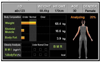 (7) Během měření zobrazuje přístroj InBody370 výsledky analýzy testované osoby.