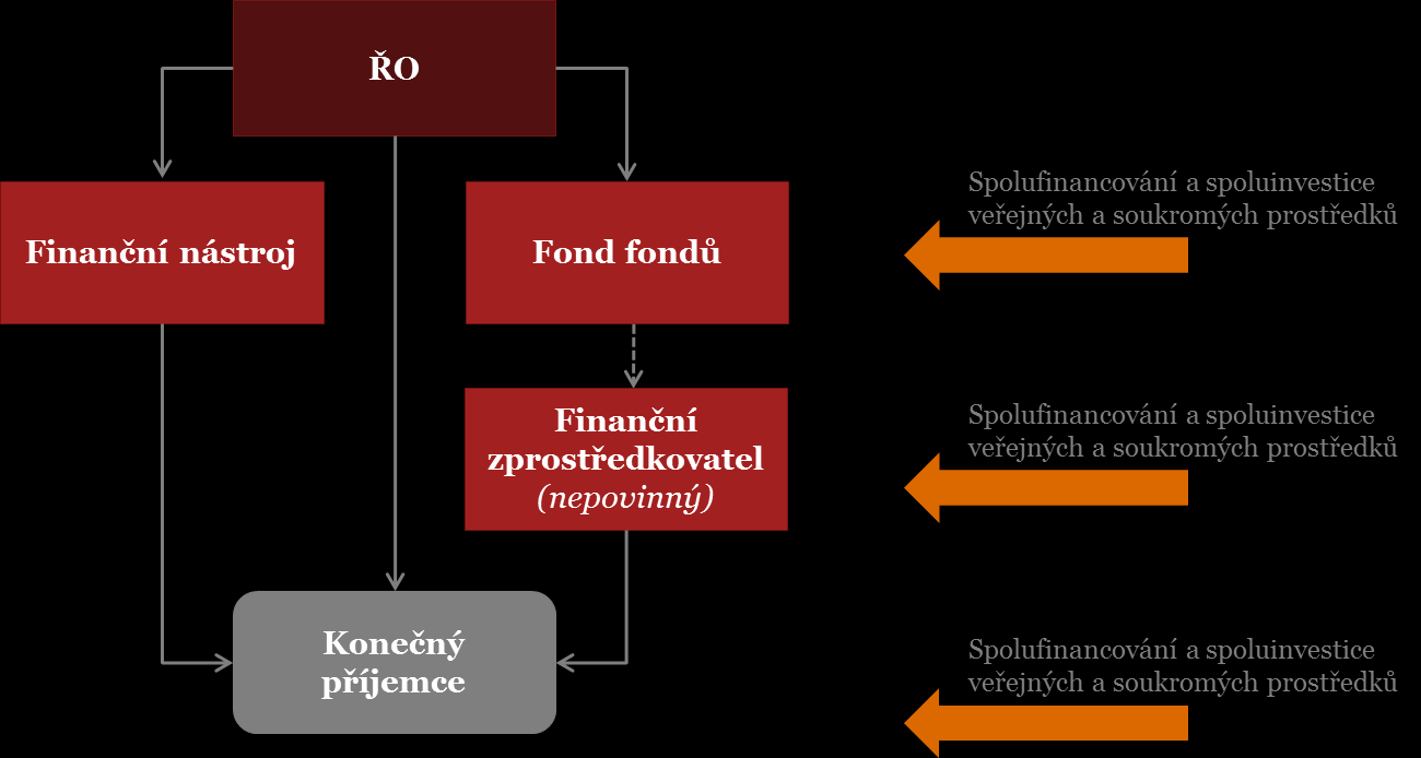 Obrázek 18: Možné úrovně, na kterých může být realizováno spolufinancování FN Spolufinancování na různých úrovních není výlučné, naopak v rámci implementační struktury lze kombinovat různé úrovně