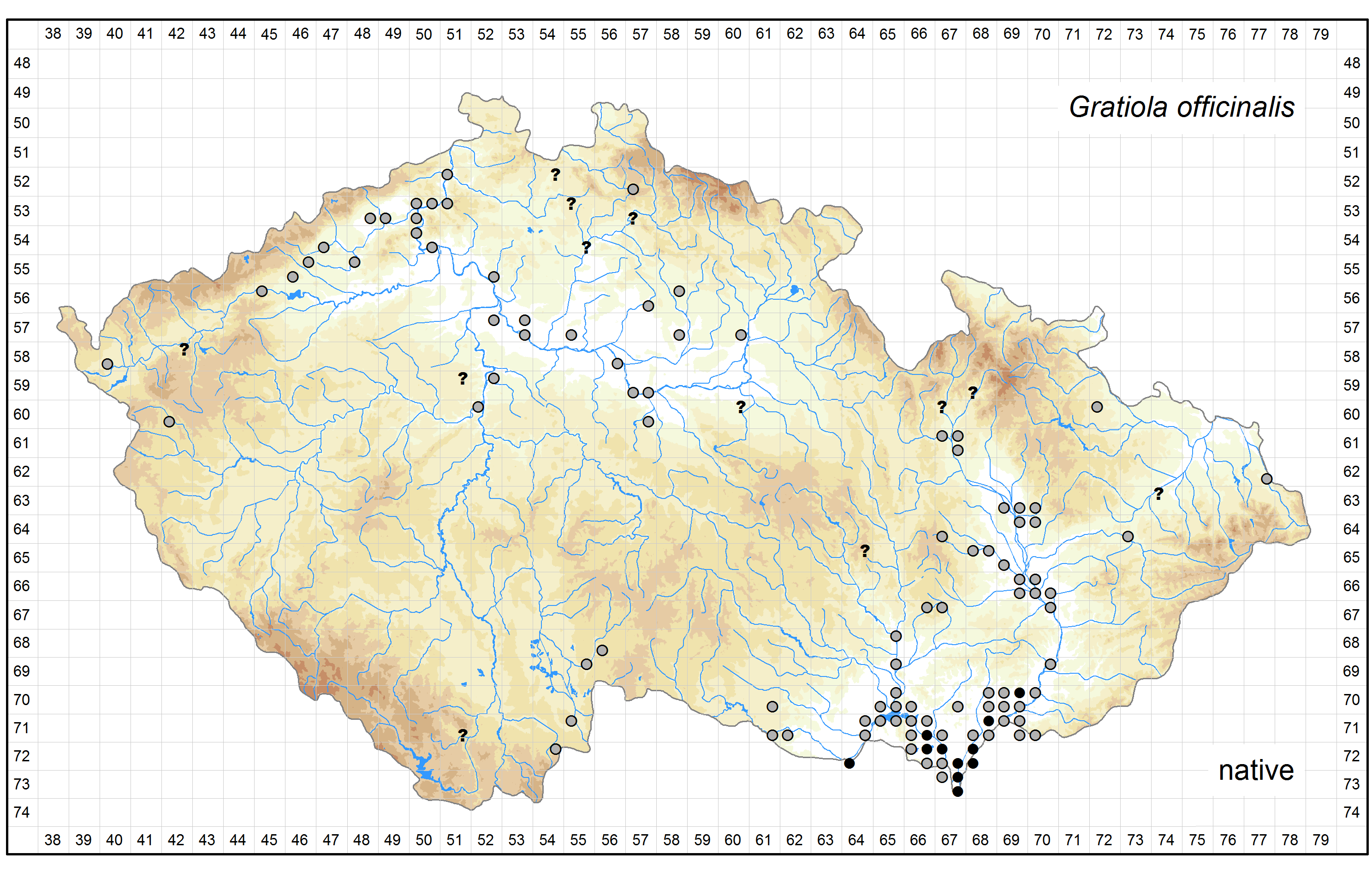 Distribution of Gratiola officinalis in the Czech Republic Author of the map: Michal Ducháček, Kateřina Šumberová Map produced on: 14-05-2016 Database records used for producing the distribution map