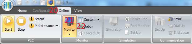 20. Otevře se programové okno WINDLDR a vněm klikneme na záložku Online 21. Dále na tlačítko Monitor a vyčkáme než se PLC spojí s PC 22.