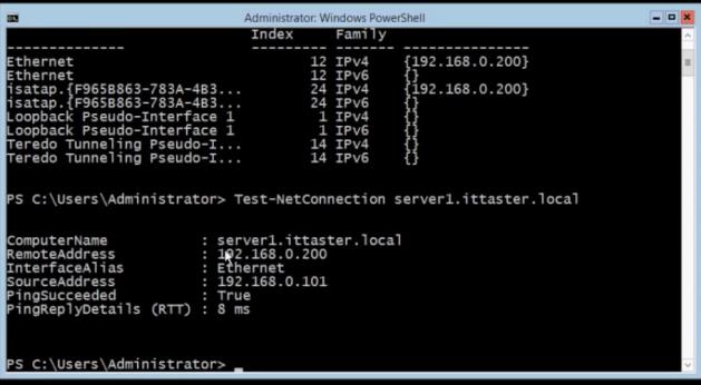 v local doméně - Test- NetConnection server1.ittaster.local. Pak provedeme následující kroky: Obrázek 3 - Test-NetConnection server1.ittaster.local Provede se připojení příkazem AddComputer DomainName ittaster.